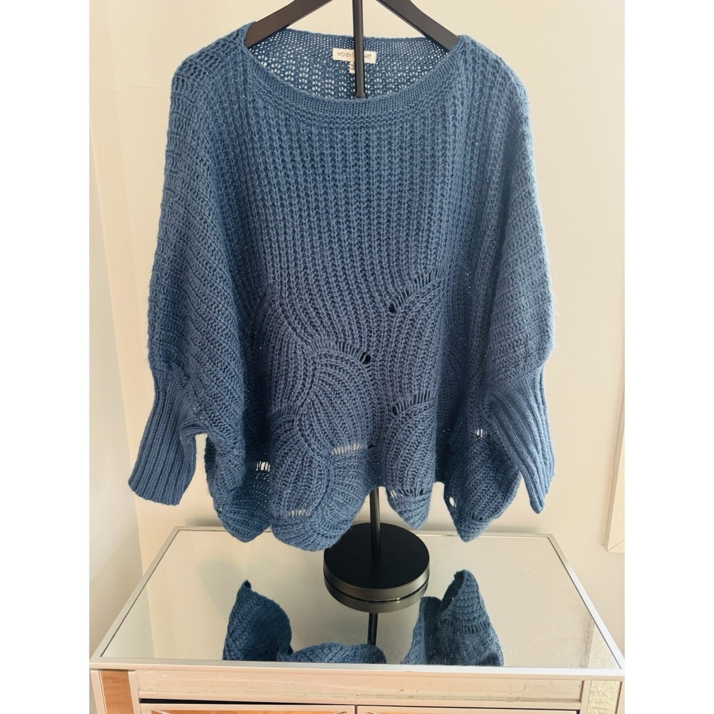 Woven Heart Blue Oversized Knit Sweater Sz S‎ Boho Scallop Hem Cozy Pullover